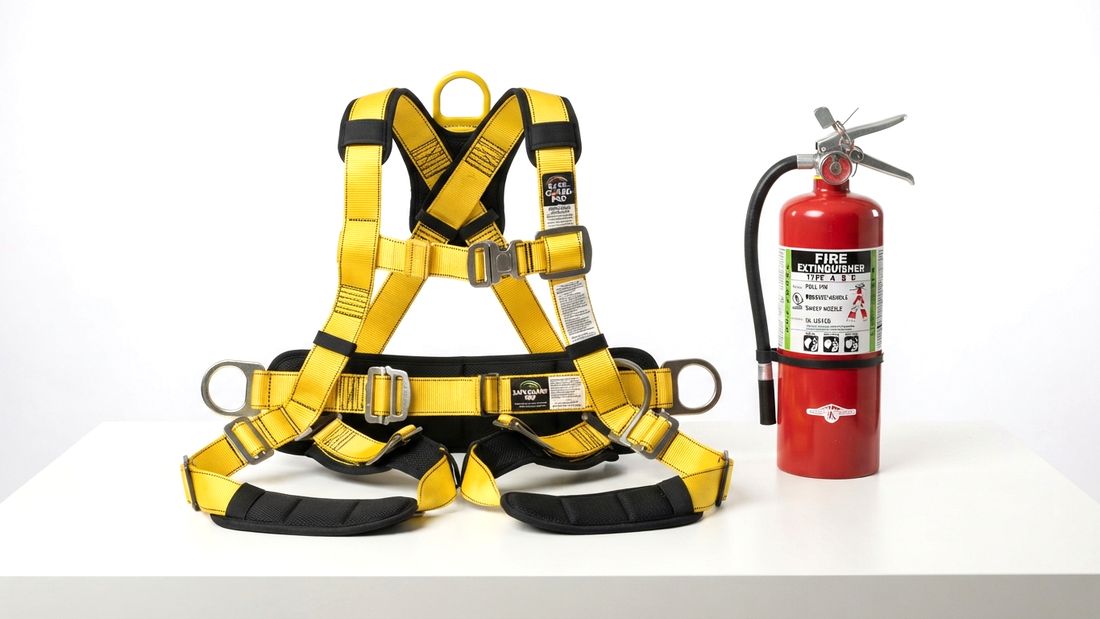 Safety harness and fire extinguisher