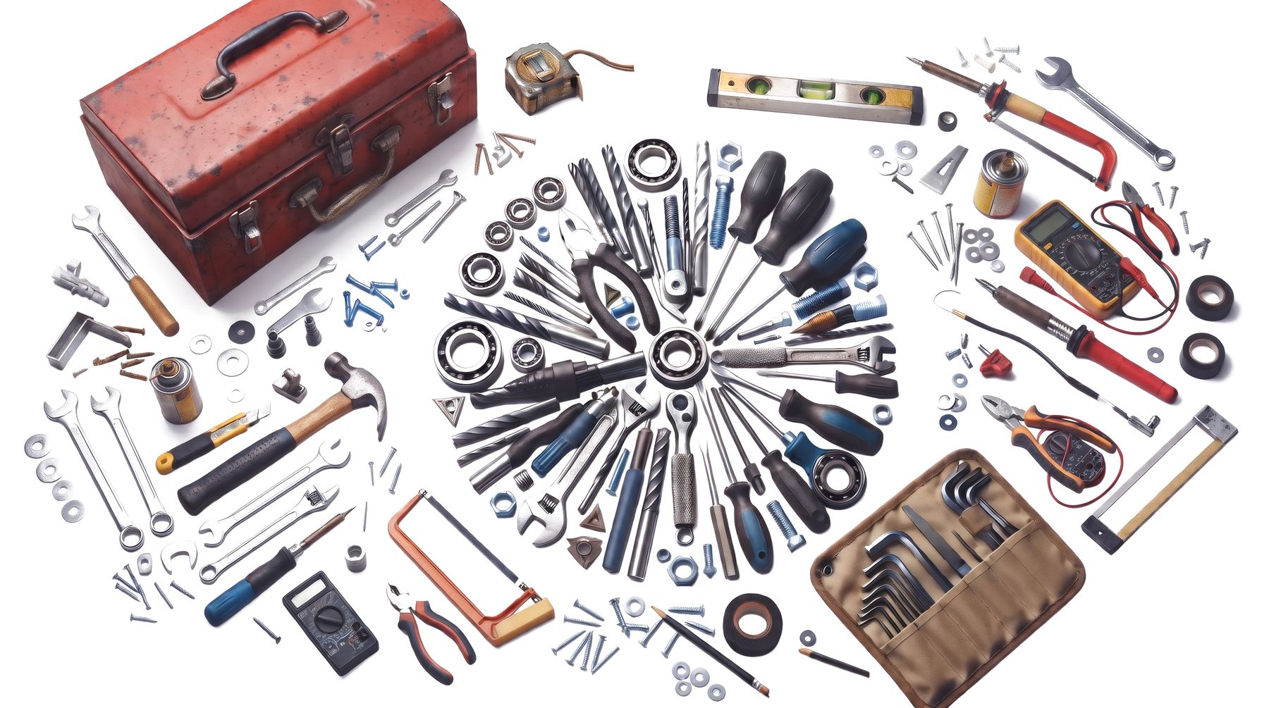 A toolbox, tape measure, spirit level and wrenches surrounding a circular arrangement of bearings, drill bits, spanners, screwdrivers and fasteners.